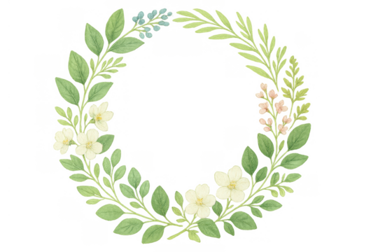 Watercolor floral wreath with green leaves and delicate white and pink flowers on transparent background