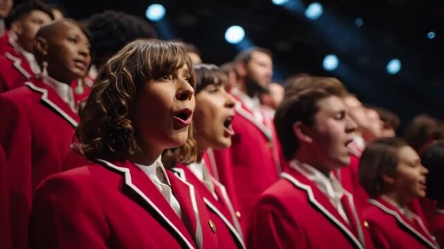 A diverse choir performs on stage, vibrant red attire enhances the festive atmosphere, spotlight captures expressions of joy and concentration