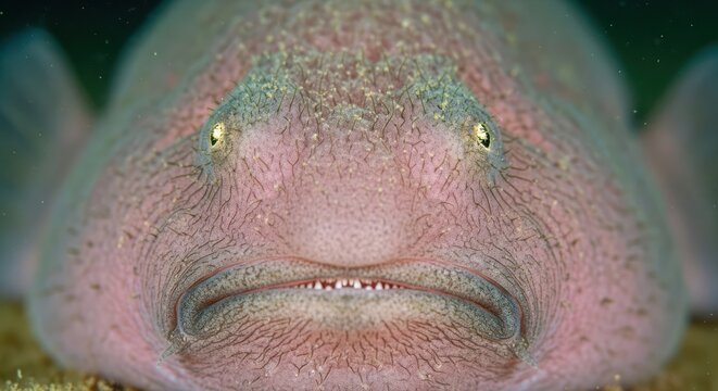 Close-up portrait of a blobfish, showcasing its unique and somewhat melancholic facial expression