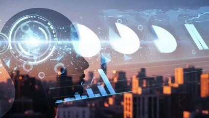 Abstract digital human head silhouette with glowing network and cityscape at sunset - Powered by Adobe