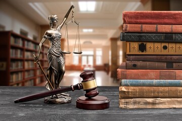 Law education, legal study concept, books in library
