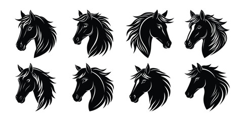 Fototapeta premium Collection of eight stylized black horse heads with dynamic mane and expressive eyes