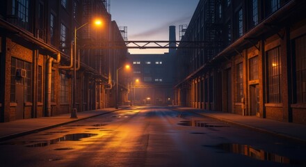 Urban twilight industrial landscape featuring historic brick factories and reflective surfaces