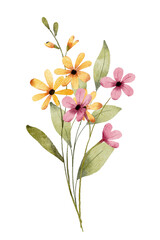 Obraz premium Flowers watercolor, floral clip art. Bouquet wildflowers perfectly for printing design on invitations, cards, wall art and other. Botanical illustration isolated on white background. Hand painting.