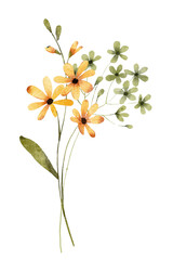 Obraz premium Flowers watercolor, floral clip art. Bouquet wildflowers perfectly for printing design on invitations, cards, wall art and other. Botanical illustration isolated on white background. Hand painting.