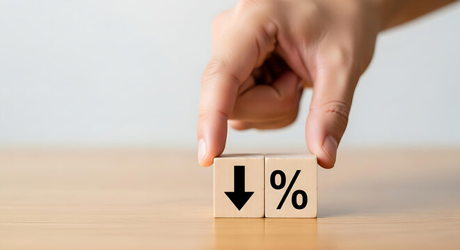 Rate cuts are here as interest rates fall, a hand positions wooden blocks showing a down arrow and a percentage sign, signaling lower prices now