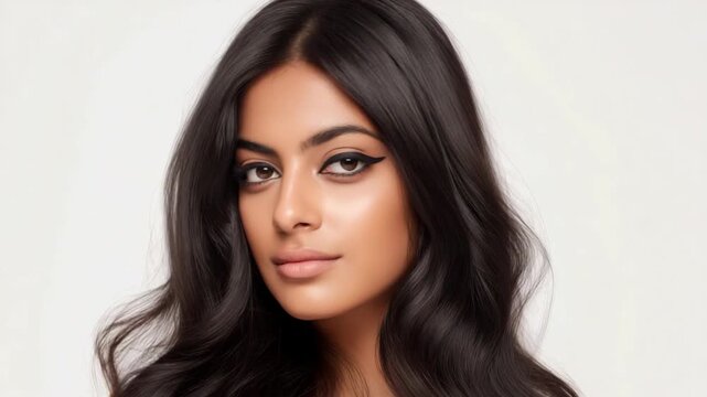 close up face portrait pretty confident young Indian woman smile to camera, plaint white background 