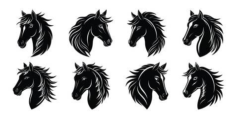 Collection of eight striking black and white horse head illustrations with flowing manes in profile view