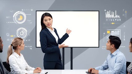 Asian businesswoman presents data and strategies to a diverse team in a modern office meeting. - Powered by Adobe