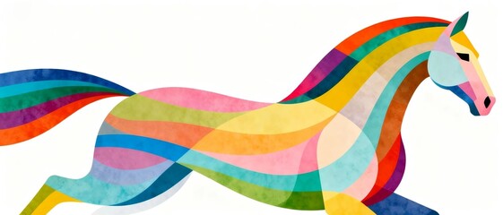 Obraz premium Vibrant Multicolored Horse Illustration with Abstract Rainbow Lines