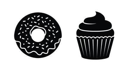 Simple black and white icons of a donut and a frosted cupcake