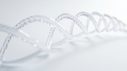 Transparent spiral structure reflects light in an artistic arrangement on a white background