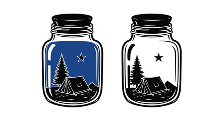 Two glass jars contain miniature nighttime camping scenes inside them