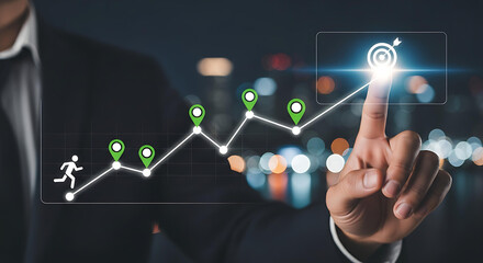 Achieve your goals with data driven insights, businessman visualizing growth strategies and navigating success, aiming for peak performance and targets