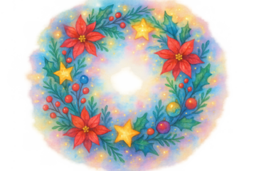 Watercolor christmas wreath with poinsettias, berries, stars, and ornaments, festive holiday decoration, transparent background