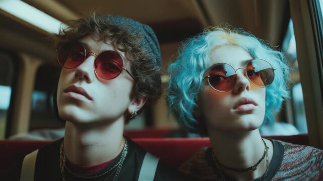 retro vintage  punk pop 90s style two teenager man and woman sitting together on public bus
