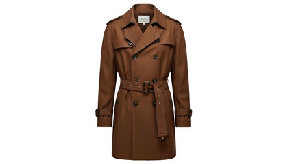 Traditional tailored outer garment rendered in a warm brown color hangs against a solid dark background