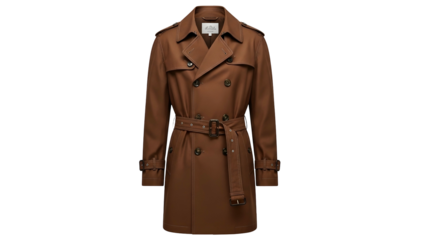 Traditional tailored outer garment rendered in a warm brown color hangs against a solid dark background