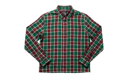 Long sleeved button down garment displaying a prominent tartan pattern in green and red