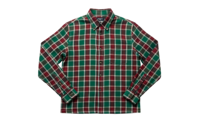 Long sleeved button down garment displaying a prominent tartan pattern in green and red