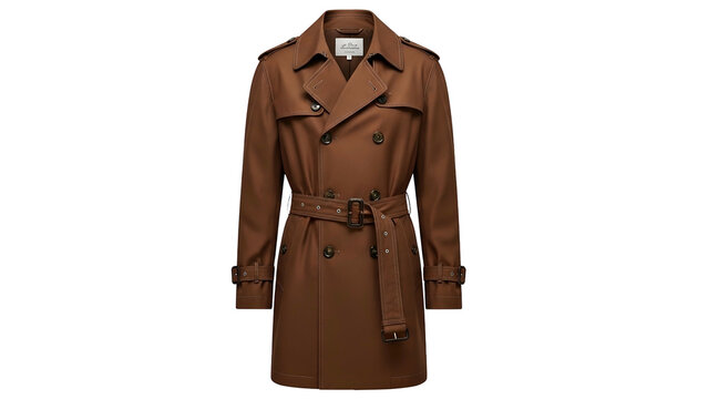 Traditional tailored outer garment rendered in a warm brown color hangs against a solid dark background