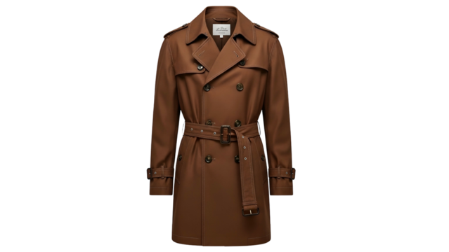 Traditional tailored outer garment rendered in a warm brown color hangs against a solid dark background