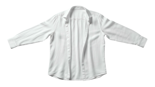 Undone long sleeve white garment lies flat against a solid dark background