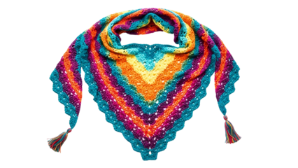 Colorful handmade knitted textile accessory draped against a dark background