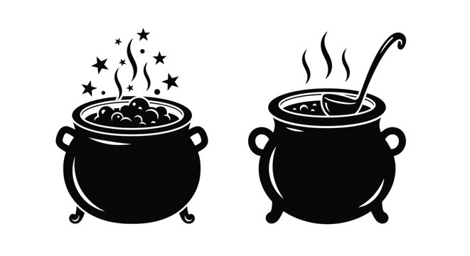 Black and white illustration of two cauldrons with magical effects