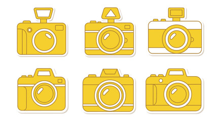 Collection of yellow vintage style cameras in a grid arrangement