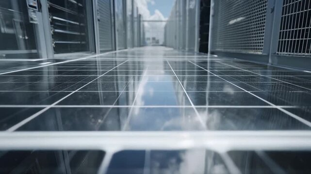 Solar panel reflecting sky in data center environment showcasing clean energy technology and solar power data for sustainable energy solutions