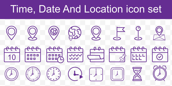 Time, date and location editable stroke outline icons set isolated on white background flat vector illustration.