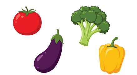Fresh vegetables including a tomato broccoli eggplant and yellow bell pepper