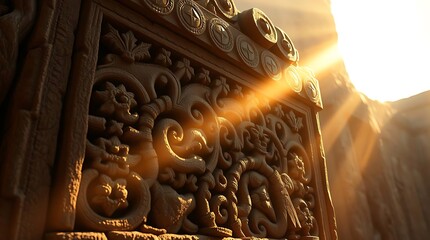 A photorealistic rendering of an ancient artifact, intricate carvings in aged stone, illuminated by a single shaft of golden sunlight, casting dramatic shadows, extreme detail, macro shot