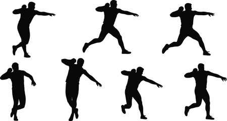 Shot put athlete preparing and throwing heavy ball, set of eight poses, track and field sport, power and strength vector.