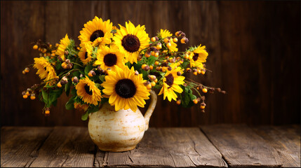 sunflower. A sunflower bouquet in a vintage vase on a rustic wooden surface, glowing in golden hour light. gardening catalogs, home-decor guides, designed for home decor and floral branding.