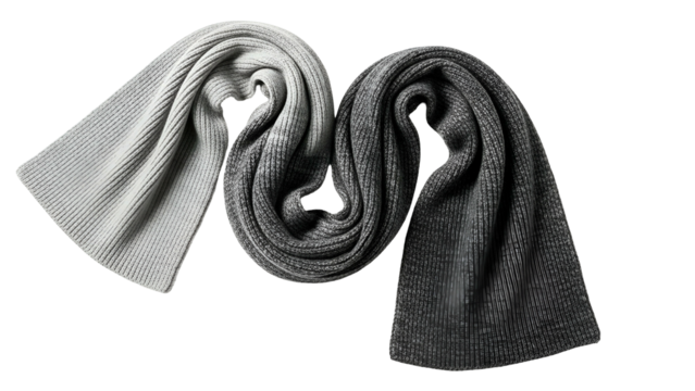 Knitted textile accessory displays a gradient from light gray to dark gray against a solid black background