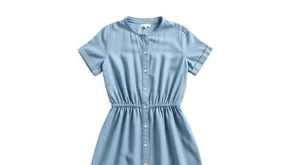 Light blue fabric garment with short sleeves and button closure displayed against a black background