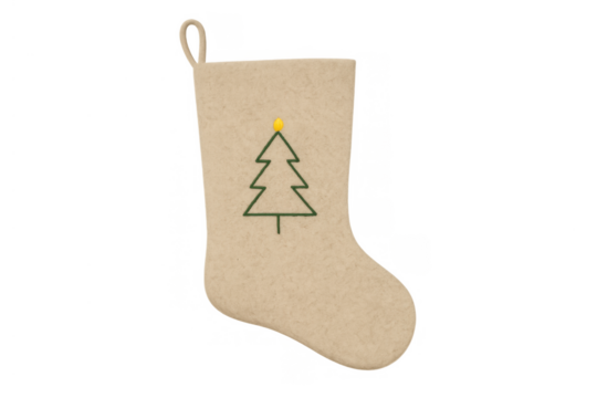 Beige felt christmas stocking with a green embroidered tree and gold star, ready for holiday gifting, on transparent background - Powered by Adobe