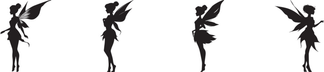 Silhouette of elegant fairies with wings in various poses, magical fantasy illustration representing beauty, mystery, and mythical creatures from folklore and fairy tale art on white background