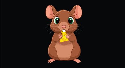 Fototapeta premium Cute cartoon mouse eating a piece of cheese