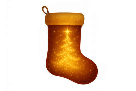 Golden christmas stocking sparkling with festive tree design and glowing star on transparent background - Powered by Adobe