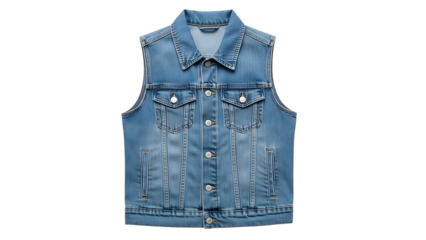 Sleeveless garment made from light wash blue denim fabric displayed against a solid black background