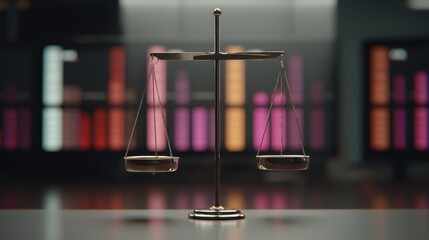 Modern metallic balance scale floating above a holographic grid with data streams in a sleek, clean, futuristic setting emphasizing technology and precision