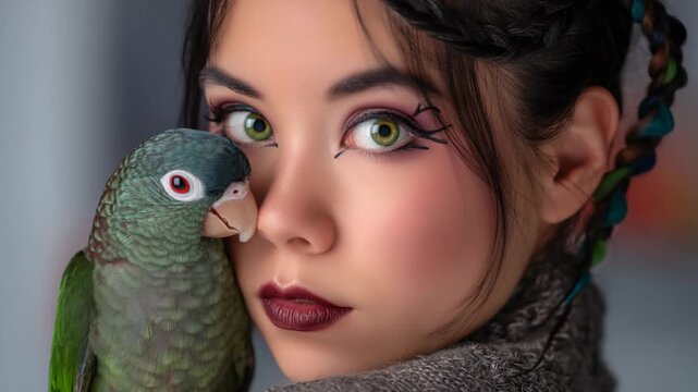 close up face woman with her parrot pet looking at camera 