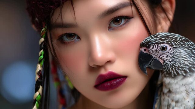 close up face woman with her parrot pet looking at camera 