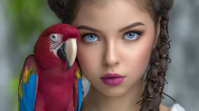 close up face woman with her parrot pet looking at camera 
