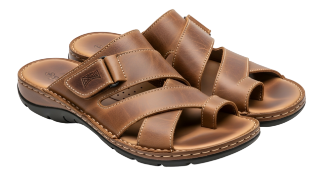 Pair of brown leather orthopedic sandals positioned against a solid black background