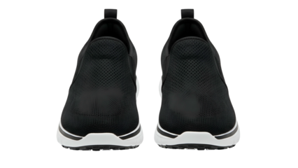 Pair of modern athletic slip on shoes display frontally against a dark background