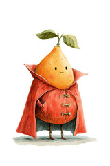Watercolor illustration of cute tangerine fruit character with red coat and smile. Yellow and orange citrus fruit mascot with green leaves, buttons and legs for children's book illustration 